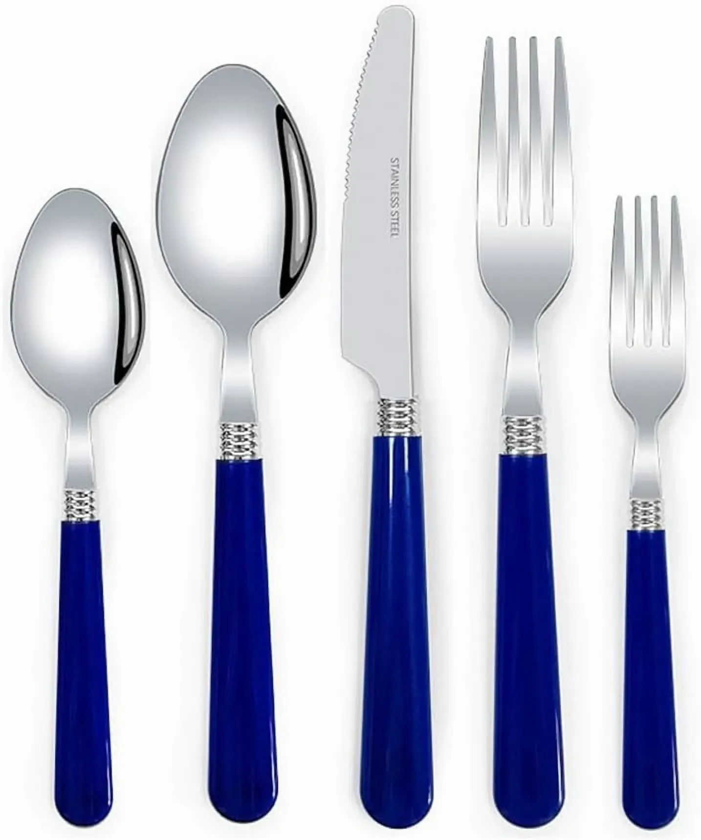 Stainless Steel Flatware Set with Blue Handles, 5 Pieces (2-Pack)